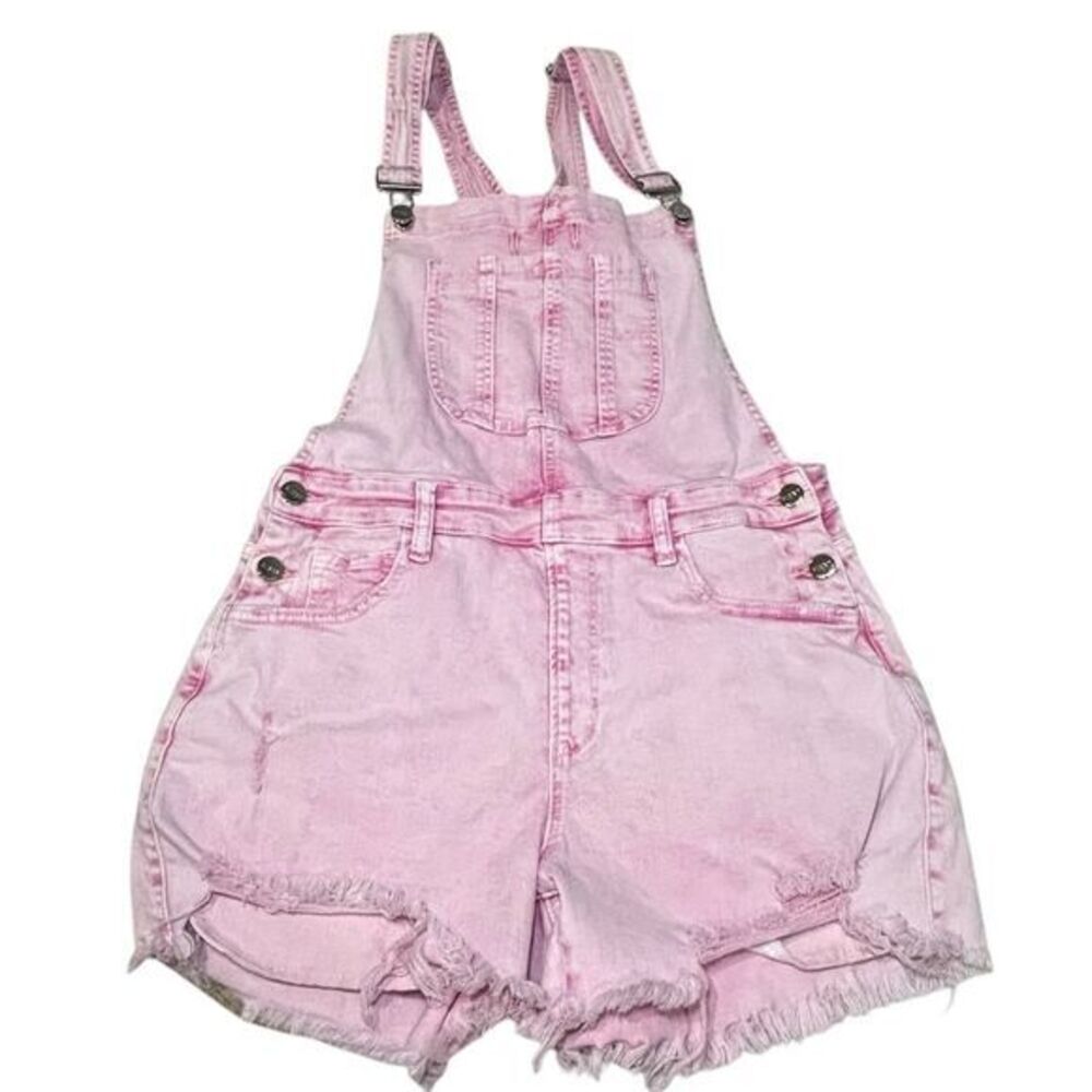 Risen Jeans Pink Distressed Overall Shorts Large Raw Hem